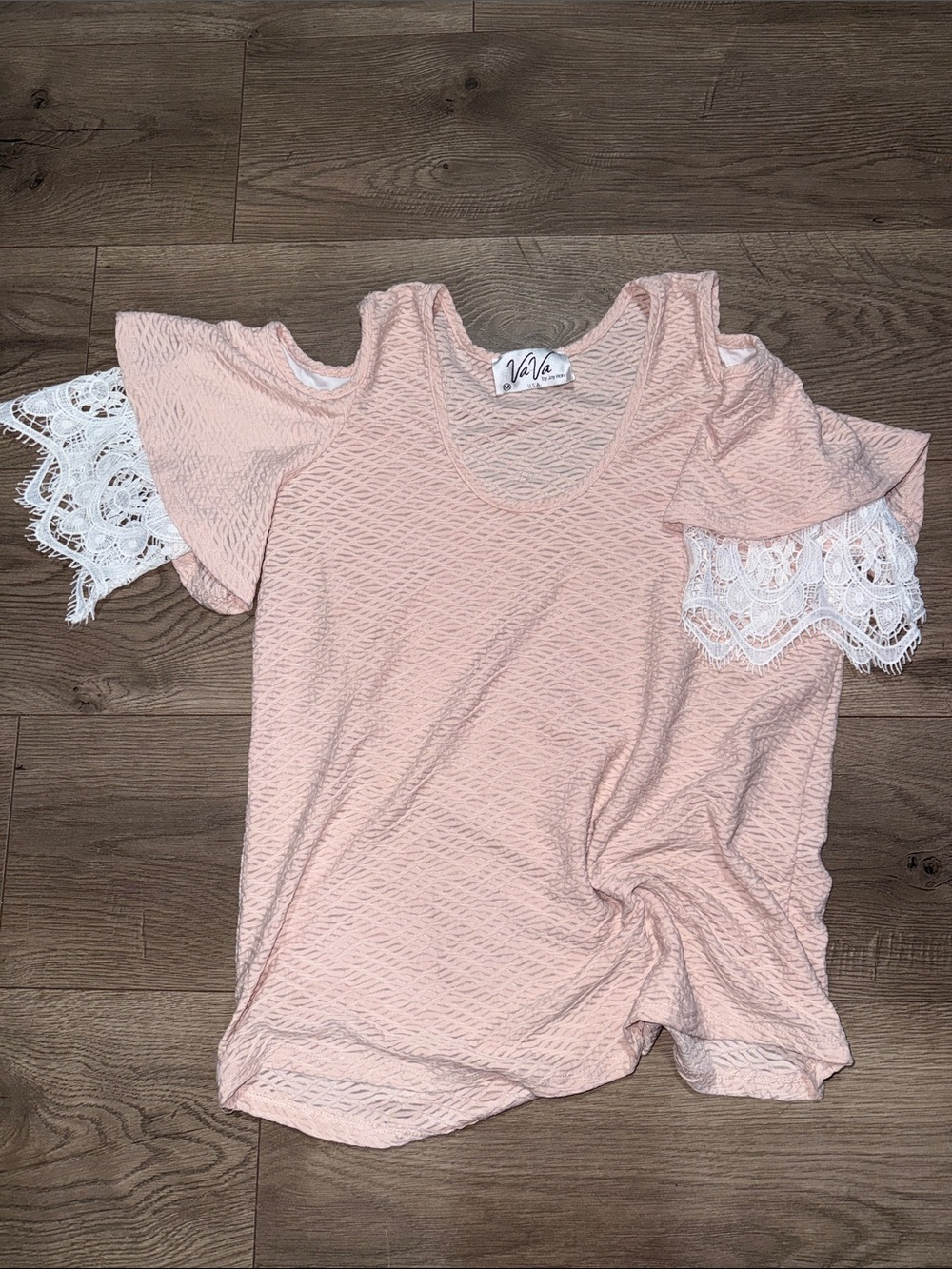 Vava by Joy Han Blush Pink Cold-Shoulder Top with White Lace Sleeves